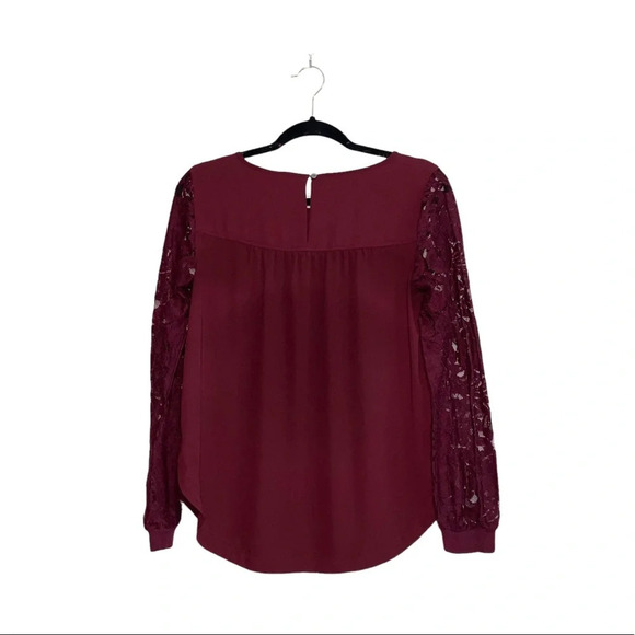 Ann Taylor LOFT Maroon Sheer Lace Sleeve Contrast Blouse Xsmall Women’s - Picture 6 of 12